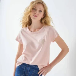 T-shirt uni brodé coeur manches courtes