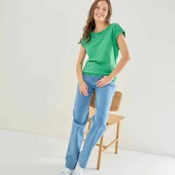 T-shirt uni col bateau, manches courtes