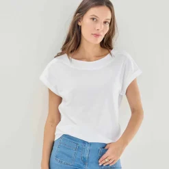 T-shirt uni col bateau, manches courtes