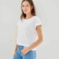 T-shirt uni col bateau, manches courtes