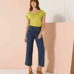 T-shirt uni col V macramé