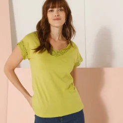 T-shirt uni col V macramé