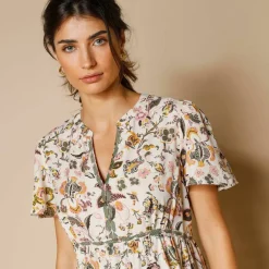 Tunique col tunisien brodé, imprimé fleuri