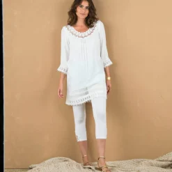 Tunique macramé manches 3/4, crépon