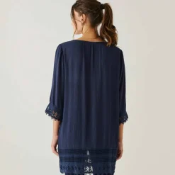 Tunique macramé manches 3/4, crépon