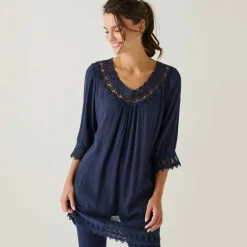 Tunique macramé manches 3/4, crépon