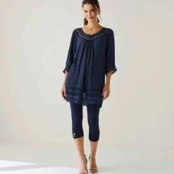 Tunique macramé manches 3/4, crépon