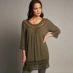 Tunique macramé manches 3/4, crépon