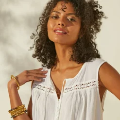 Tunique unie sans manches, crépon et macramé