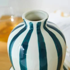 Vase grès rayé bleu blanc