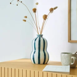 Vase grès rayé bleu blanc