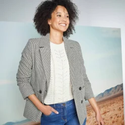 Veste blazer double boutonnage, imprimé pied-de-poule