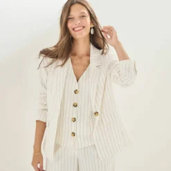 Veste blazer rayée, viscose-lin