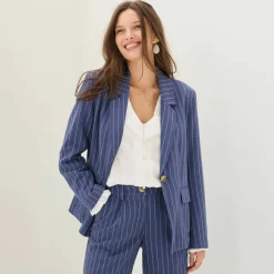 Veste blazer rayée, viscose-lin