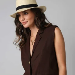 Veste blazer sans manches col tailleur, en viscose-lin