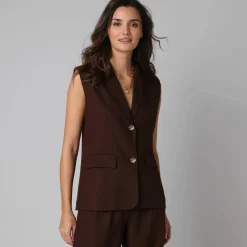 Veste blazer sans manches col tailleur, en viscose-lin