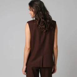 Veste blazer sans manches col tailleur, en viscose-lin