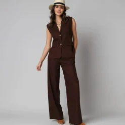 Veste blazer sans manches col tailleur, en viscose-lin