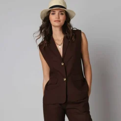 Veste blazer sans manches col tailleur, en viscose-lin