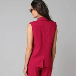 Veste blazer sans manches col tailleur, en viscose-lin