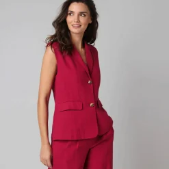 Veste blazer sans manches col tailleur, en viscose-lin