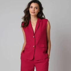 Veste blazer sans manches col tailleur, en viscose-lin