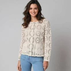 Veste boutonnée à poches, en macramé