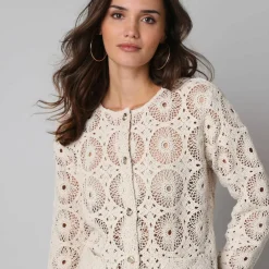 Veste boutonnée à poches, en macramé