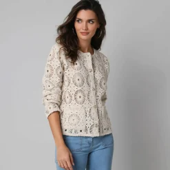Veste boutonnée à poches, en macramé