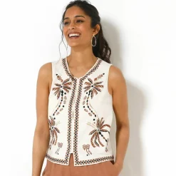 Veste brodée boutonnée, sans manches