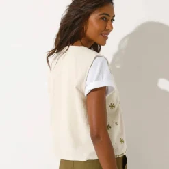 Veste brodée sans manches, gaze de coton