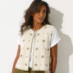 Veste brodée sans manches, gaze de coton
