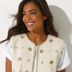 Veste brodée sans manches, gaze de coton