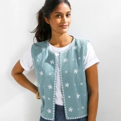 Veste brodée sans manches, gaze de coton