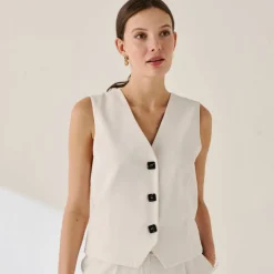 Veste "cafetier" sans manches, crêpe fluide