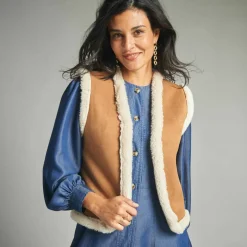 Veste fourrée sans manches, en suédine