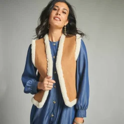 Veste fourrée sans manches, en suédine