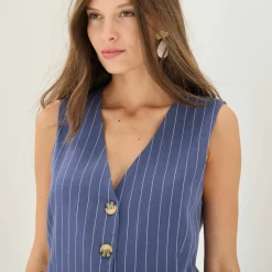Veste style cafetier sans manches rayée, viscose-lin