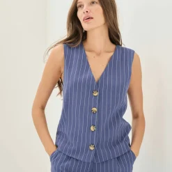 Veste style cafetier sans manches rayée, viscose-lin